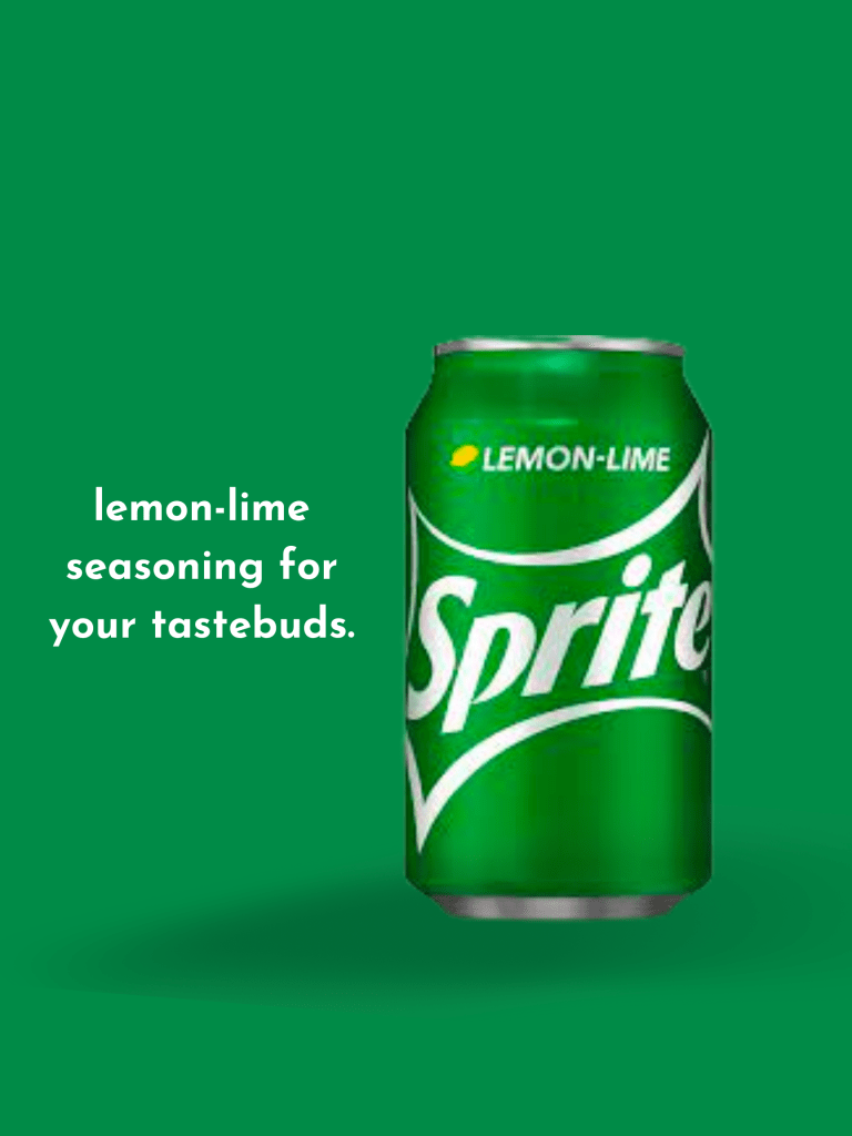 A can of Sprite sits against a green background with text that says "lemon-lime seasoning for your tastebuds"